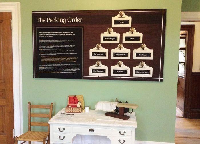 Close up of The Mount's staff "Pecking Order" bulletin in The Sewing Room.
