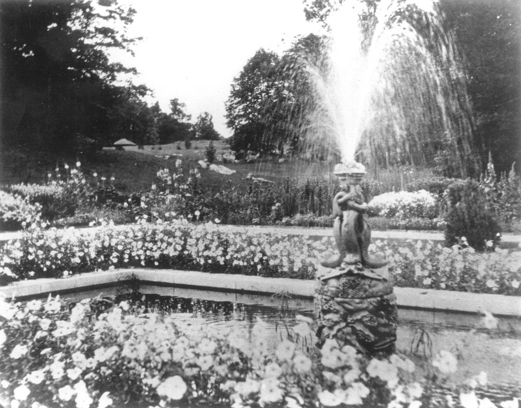 Wharton era black and white photo of the fountain in The Flower Garden