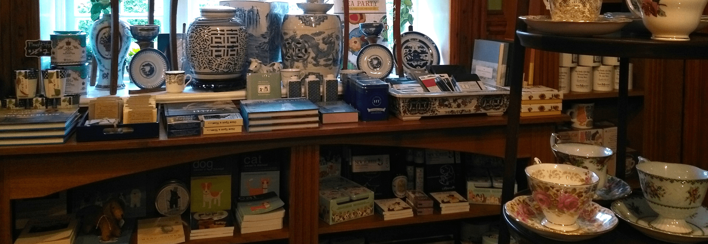 Books and porcelain tea cups on display at The Bookstore.